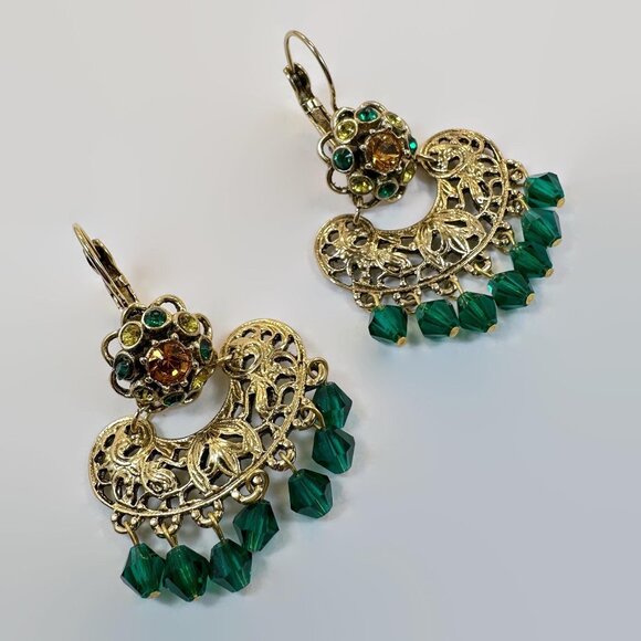 Boho Earrings, Joan River, Gold, Green, Bohemian, Crystal, Rhinestone, Mogul - Picture 1 of 5